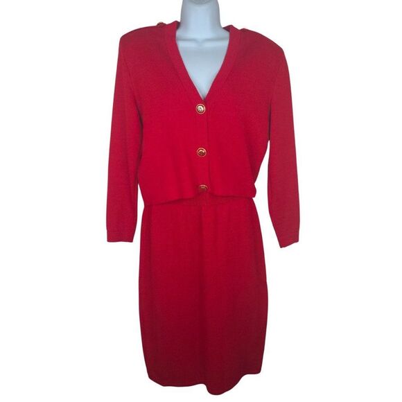 Vintage St John Santana Knit Skirt Sweater Set Womens 4 Red Gold Buttons - Picture 1 of 13